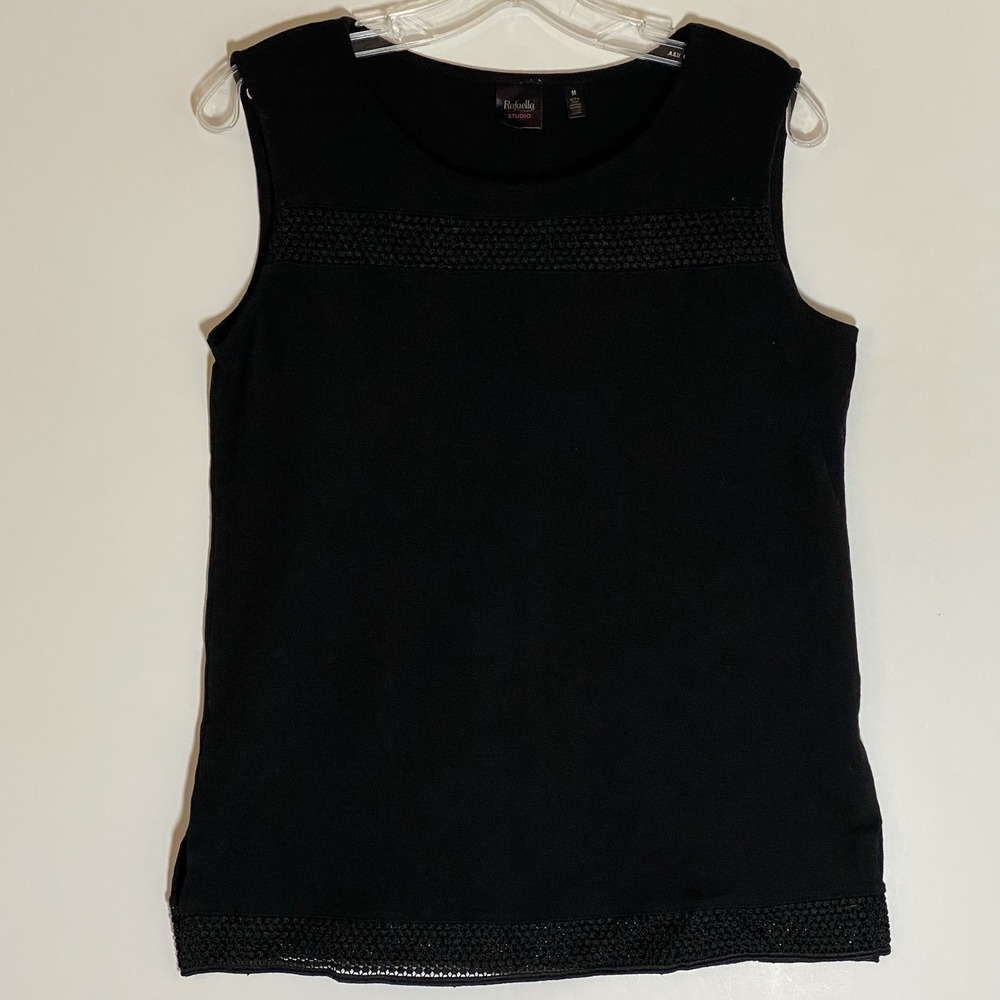 Rafaella Studio Tank Womens Medium Black Crochet Accent Edge Sleeveless Classic
